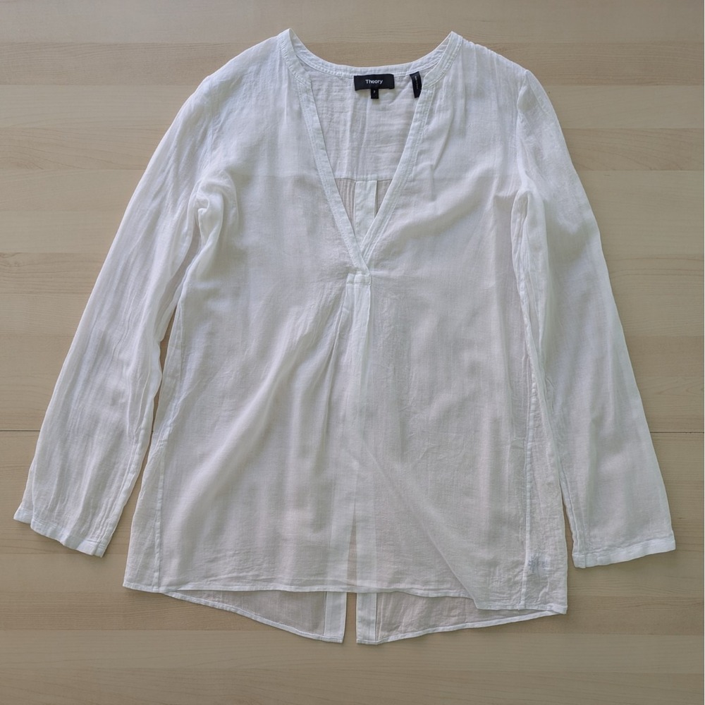 Theory White 100% Cotton Shear Organza Tunic Button Down Shirt Cover Resortwear